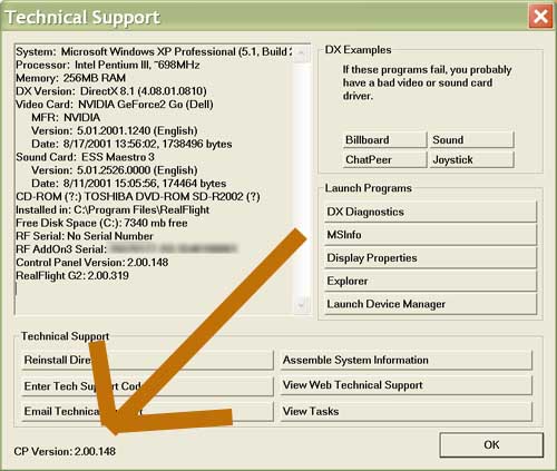 Screen shot showing CP Version: 2.00.148 in the bottom left corner of the Technical Support window.