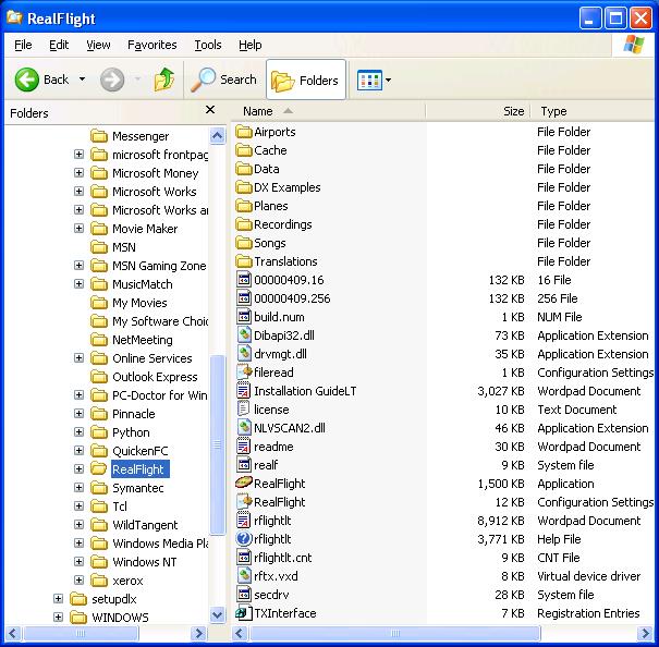 ScreenShot of Windows Explorer Showing the RealFlight folder selected in the left panel and the folders contents listed in the right panel.