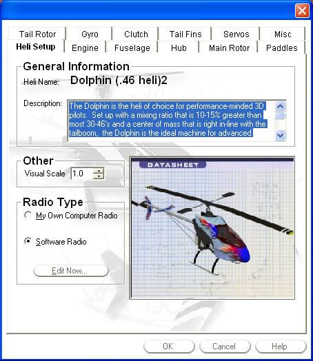 Heli Setup Dialog Box with the Heli Description under General Information highlighted and Software Radio under Radio Type selected.