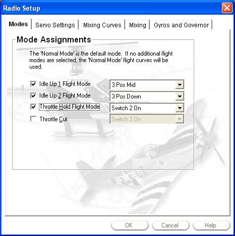 Radio Setup Modes Dialog Box;  Idle Up 1 Flight Mode:  3 Pos Mid; Idle UP 2 Flight Mode: 3 Pos Down; Throttle Hold Flight Mode: Switch 2 On; Throttle Cut not selected.