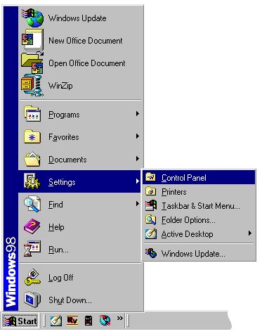 Windows 98 Start Menu showing Settings highlighted with Control Panel selected in the flyout Settings flyout menu.