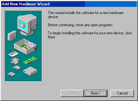 Add New Hardware Wizard window beginning with the phrase "This wizard installs the software…& and the Next button selected
