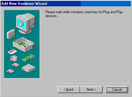 Add New Hardware Wizard window beginning with the phrase "Please wait while Windows searches…& and the Next button selected