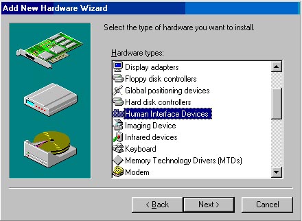 Add New Hardware Wizard with list of Hardware types displayed and Human Interface Devices selected