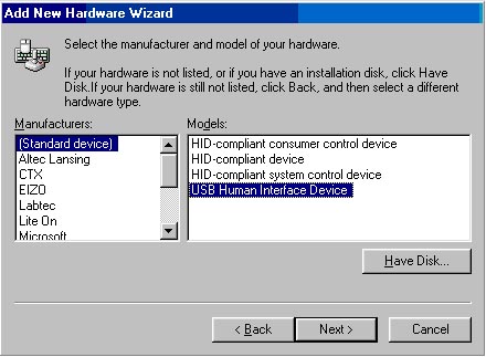 Add New Hardware Wizard with Standard device selected under Manufacturers and USB Human Interface Device selected under Models